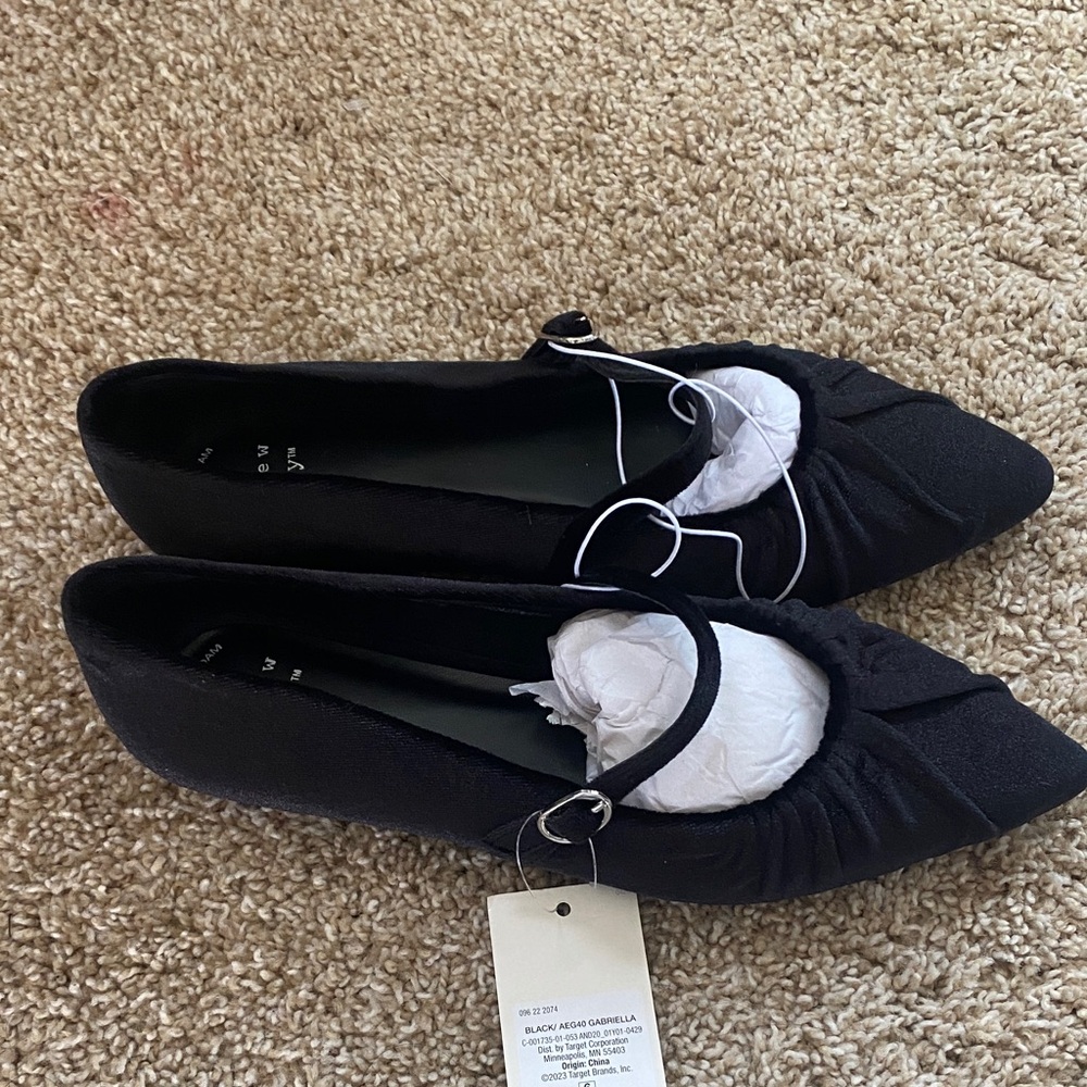 Black Pointed Mary Jane Flats with Strap - Picture 2 of 3